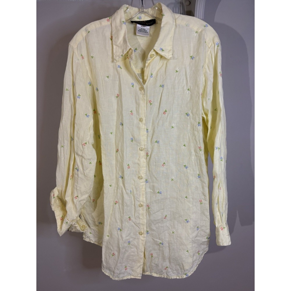VTG Hawksley & Wight H & W Butter Yellow Linen Embroidered Flowers Blouse 10